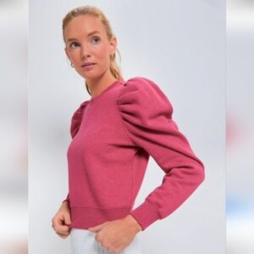 Tuckernuck Sport Puff Sleeve Maisie Pink Crewneck Sweater size M chic boho retro